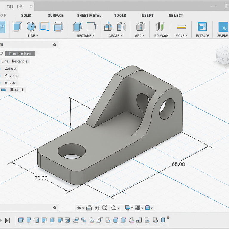 Modélisation Fusion 360 Pièce en 3D avec un angle et deux perforations, accompagnée de dimensions techniques.